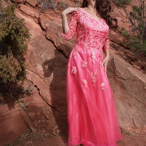 Long Coral Dress BY HAPPY WEDDING SIZE 14 NEW - Picture 7 of 13